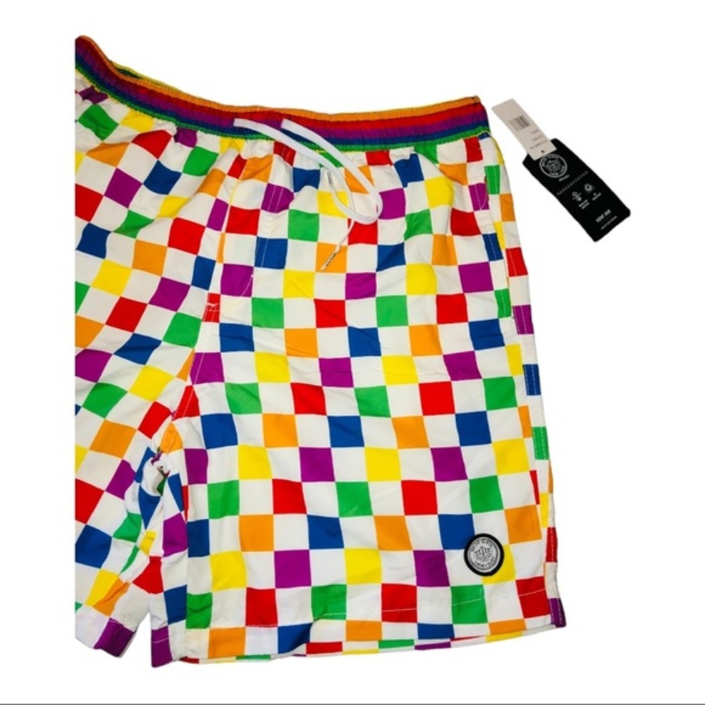 white & Rainbow checkered men’s swim‎ trunk new size large - Picture 3 of 9